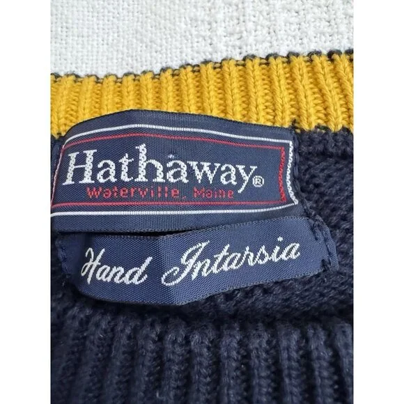 Hathaway Hand Intarsia Sweater Mens L Navy Golf Flags Vintage Cotton Grandpa 46” - Picture 2 of 7